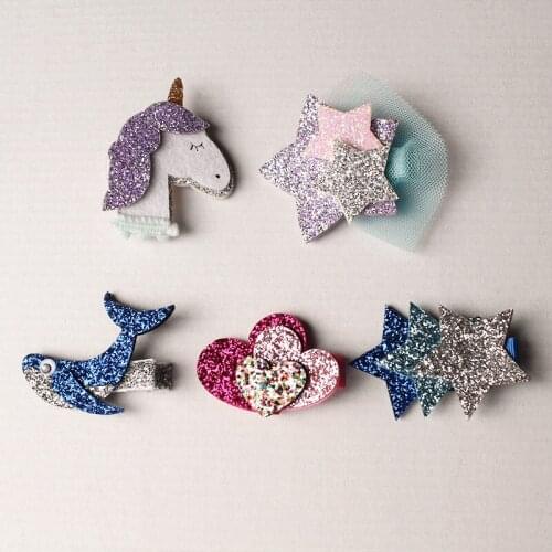 10pcs/lot Glitter Felt Unicorn Hair Clips Fish Pink Hearts Blue Stars Hairpins Gauze Lovely Kid Hair Clip Hair Accessories 2017