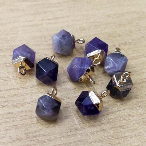 Fashion polyhedron Shape gold rim Faceted purple crystal Point Pendant,Natural Stone amethy Charms For earring Jewelry 12pcs