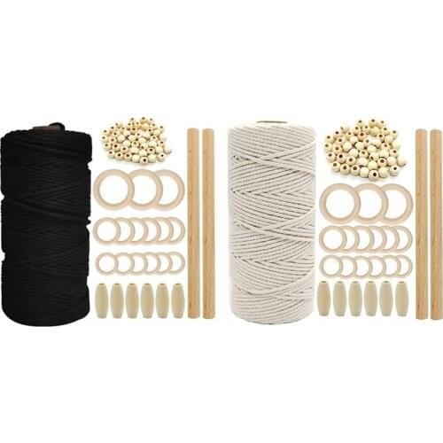 2 Set Macrame Cord Natural Cotton Rope 3Mm with Wood Ring Wood Stick - Wood Color + Beige & Wood Color+Black