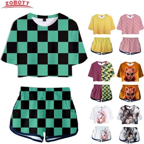 Cosplay Anime Demon Slayer Kimetsu no Yaiba Cosplay Tanjiro Kamado T-shirt Men Women Costume Top Shorts Nezuko Summer Dress 2PCS