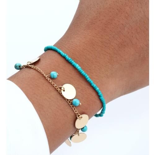 2Pcs/set Bohemian Style Green String Of Bead Bracelet Hand-woven Love Round Coin Charm Pulseras Bangle Femme Girl Beach Gift