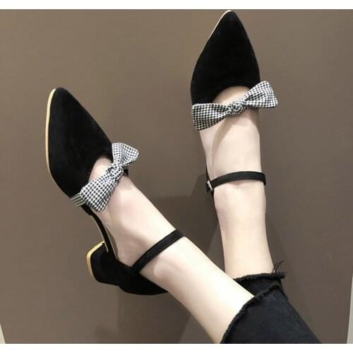 2020 Summer Women Sandals Ankle Strap Dress Shose Plaid Butterfly Knot High Heels Pointed Toe Pumps sandalias mujer Black 8016N