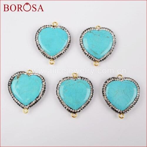 BOROSA Handcraftd Rhinestone Pave Heart Shape Blue Howlite Stone Druzy Connector for DIY Bracelet,Jewelry Making JAB761