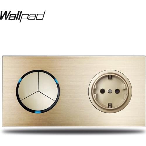 Wallpad L6 Gold 3 Gang Light Switch Blue LED Indicator with EU Electric Power Socket Gold Brushed Aluminum Metal Panel