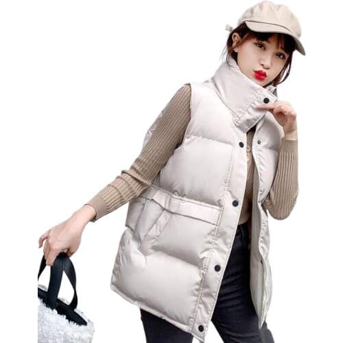 Autumn Winter Womens Solid Loose Vest Drawstring Stand Collar Long Vest Jacket Cotton Padded Womens Windproof Warm Waistcoat