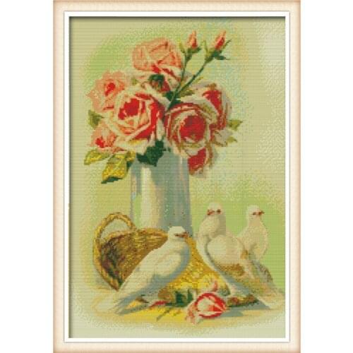 Needlework,11/14ct DIY Cross stitch,Sets For Full Embroidery kit,pink rose flower and pigeon counted Pattern Cross-Stitch Gift
