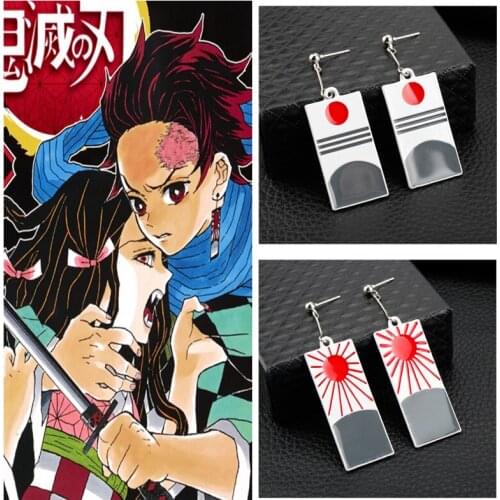 Anime Cosplay Stud Earrings Square Pendant Ear Studs Drops Demon Slayer Kamado Tanjirou Earring