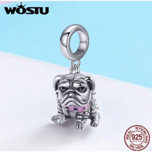 WOSTU Genuine 925 Sterling Silver Pink Enamel Loyal 3D English Bulldog Pendant for Original Charm Bracelet S925 Jewelry BKC552