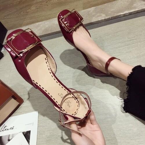 2019 trend hot metal buckle shallow mouth single shoes fashion patent leather hollow buckle soft bottom comfortable flat shoes