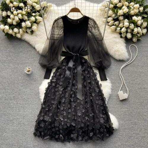 WIGADFHK 2021 Autumn Womens Elegant Stitching Knitted Casual Dress Slim Flower Mesh Bowknot Puff Sleeve Dres