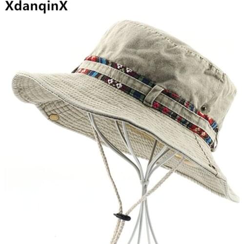 XdanqinX Summer New Mens Bucket Hat Foldable Panama Fishing Cap Washed Cotton Flat Cap Climbing Hats Wind Rope Fixed Beach Hat