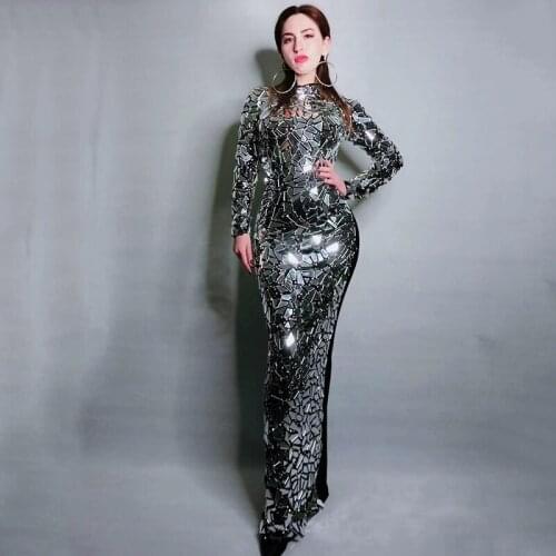 Bright Full Mirrors Long Dress Women Singer Evening Birthday Dress Rhinestone Costume Prom Celebrate Bling Stage Dresses DJ527