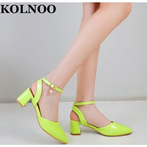 KOLNOO New Handmade Ladies Block Heeled Sandals Slingback Pointed-Toe Five Colors Faux Leather Summer Party Prom Fashion Shoes