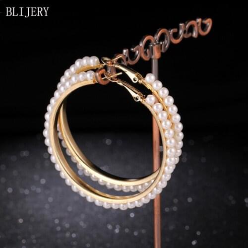 BLIJERY Elegant Gold Color Pearl Beaded Hoop Earrings Statement Big Circle Earrings for Women Punk Jewelry Boucles d'oreilles