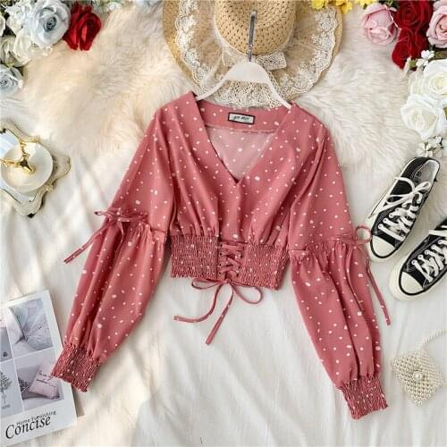 Summer new retro wave point crop top women V-neck short one hundred towers waist tops women Long sleeve tops for women 2021