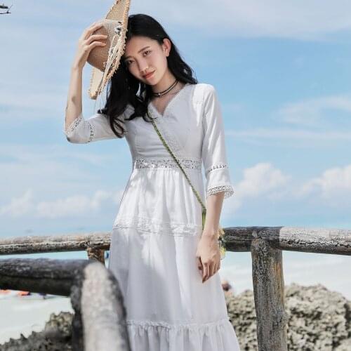 Beach Fashion V-neck Womens White Elegant Vintage Half Sleeve Bohemian Long Formal Evening Party Dresses Girls Lace Dresses