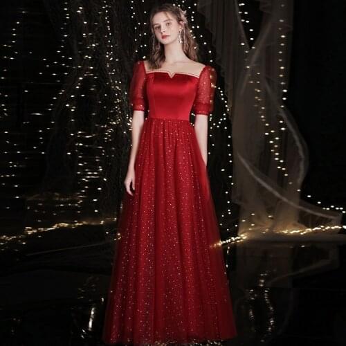 Burgundy Elegant Evening Dress Square Collar Short Sleeves A-Line Lace Up Sequins New Foor-Length Woman Formal Party Gowns A1456