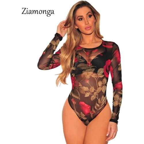 Ziamonga 2021 New Autumn Women Bodysuits Print Flower Sexy Club Jumpsuits Long Sleeve Bodycon Sheath Bodysuit Elastic Overalls