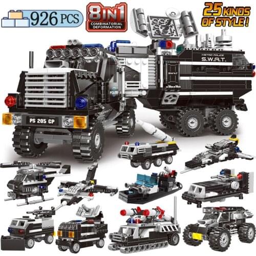 City 8 In1 Military Police SWAT Helicopter Car Model Building Blocks WW2 Aircraft Boat Weapon Vehicle Bricks Toys for Children