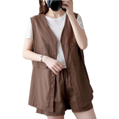 Summer Clothes Womens Suits Summer Cotton Linen Vest + Wide Leg Shorts 2 Piece Set Large Size Retro Casual Ladies Pants Set
