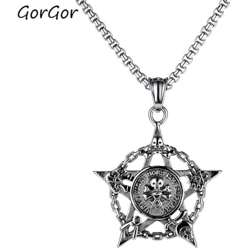 GorGor Necklace Men Stainless Steel Pattern SkeletonFive-pointed Star Circle Pendant Individuality Classic Accessories TX-1815