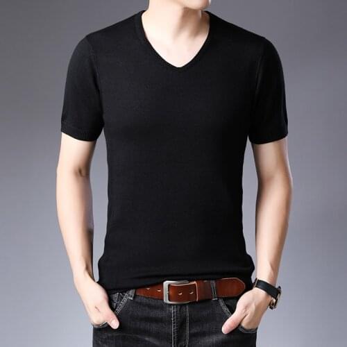 Hot Sale Male Wool Shirt Men Short Sleeve Jumper Sexy Solid Knit Shirt V-Neck Clothes High Quality