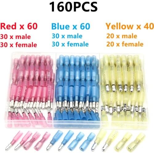 160PCS Heat Shrink Wire Connector Kit Bullet Female Male Electrical Cable Connectors Waterproof Splice Crimp Terminals 10-22AWG