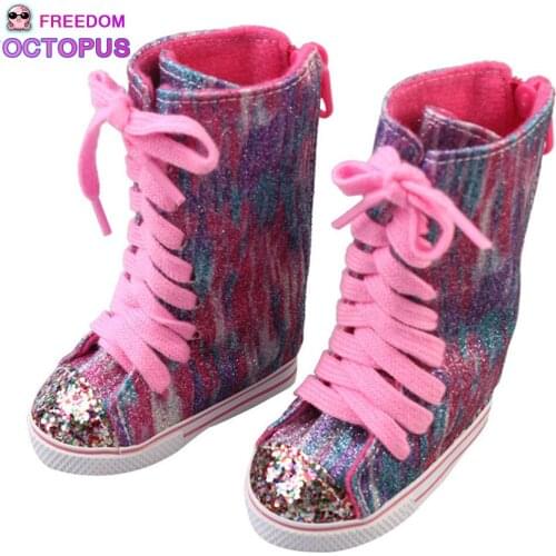 17-18 Inch Doll Multi Color Sequins Lace-up Canvas Shoes 9cm Height Long Canvas Shoes For 43cm New Born Reborn Dolls Gift
