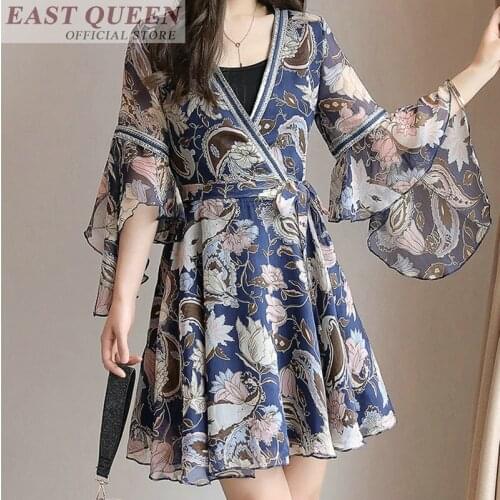 Summer dress for women 2018 sexy v-neck three quarter flare sleeve flower print dresses belt a-line fashion beach dress DD616 L