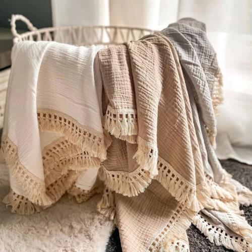 Muslin Cotton Baby Blanket 2 Layer with Tassel Gauze Receiving Blankets Swaddle Warp Newborn Bath Towel Baby Photography Props