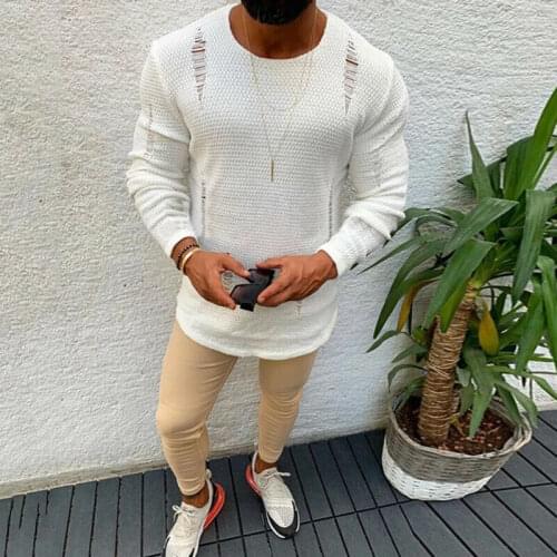 Men Thermal Cotton O Neck Tops Skivvy Ripped Destroyed Sweater Causal T Shirt Tops