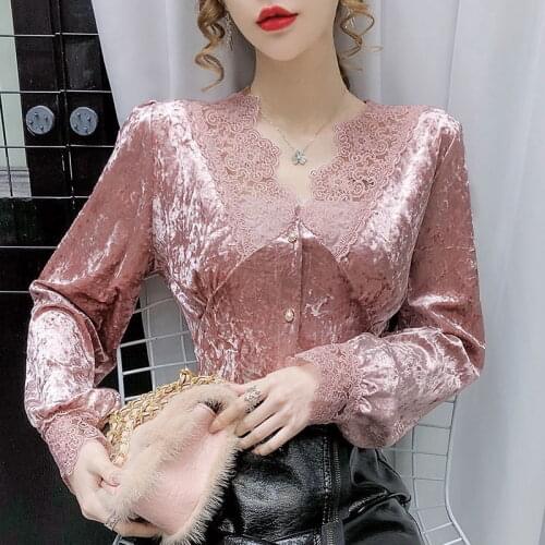 2021 spring and autumn new style foreign style lace shirt long-sleeved V-neck lace shirt womens puff sleeve all-match casual