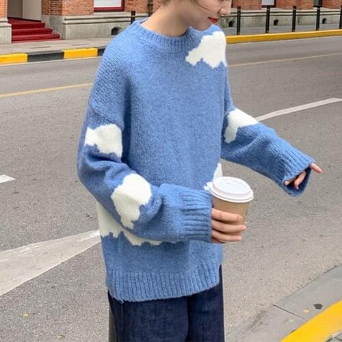 Cloud Sweater Cute Jumper Blue And White Intarsia Wool Blend Womens Oversized Knit Streetwear Casual Outfit