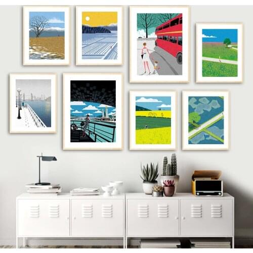 Field Ocean Woman Mountain Bus Road Sun Wall Art Canvas Painting Nordic Posters And Prints Wall Pictures For Living Room Decor