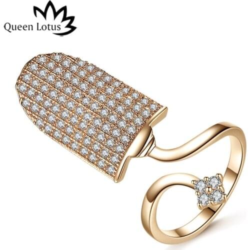 Queen Lotus 2018 Personality Fingernail Adjustable Ring for Women Crystal Flower Ring High Grade Cubic Zircon Ring Jewelry Gifts