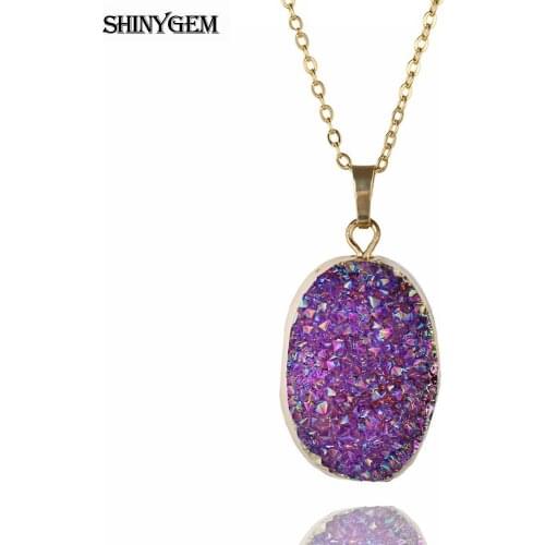 ShinyGem Classical Healing Natural Crystal Druzy Pendant Necklaces Chakra Stone Gold Plating Bezel Necklaces For Women Wedding