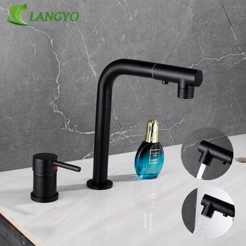 LANGYO Bathroom Tub Faucet Single Handle Pull Out Spout Tap Deck Mounted Bath Faucet Brass Black Bathtub Faucet Water Mixer