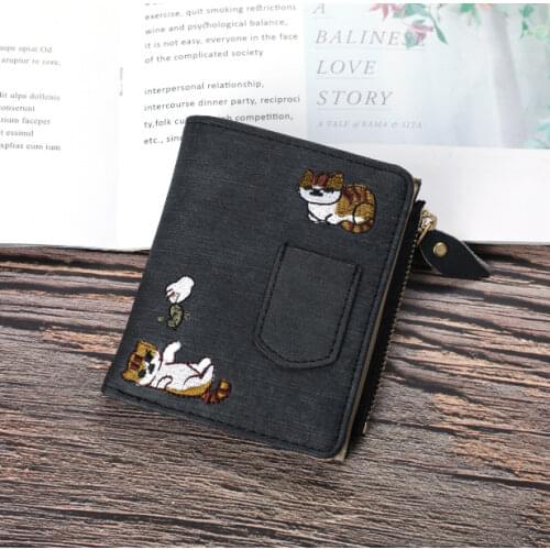 Women Short Wallets Cat Embroidered Canvas Clutch Large Capacity Buckle Zipper Coin Purse Coach Cards Holder Carteras Mujer 2021