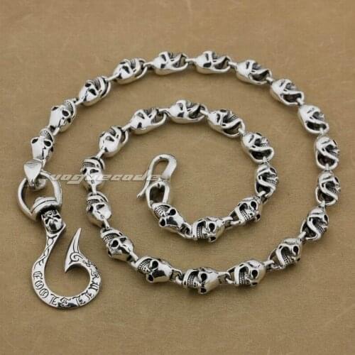 925 Sterling Silver Huge Heavy Skulls Hook KeyChain Mens Biker Rock Punk Wallet Chain 8W004WC