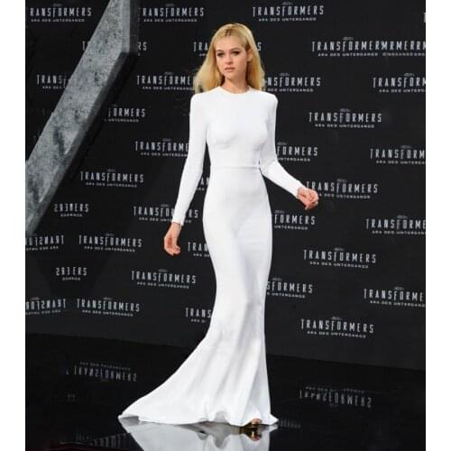 Elegant Mermaid White Celebrity Dresses Long Sleeve Satin Hollow Back New Arrival Red Carpet Dresses платье вечернее