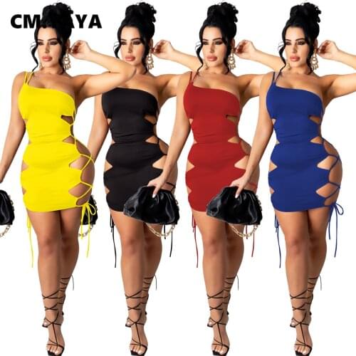 CM.YAYA Women One Shoulder Lace Up Side Hollow Out Sexy Midi Mini Dress for Sexy Night Party Drawstring Tie Up Bodycon Dresses