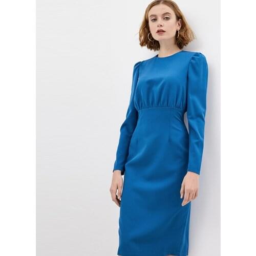 Shyloli Women Vintage Folds Party Dress O-neck Long Sleeve Soild Office Lady Mid Dress Blue Pencil 2021 New Fashion Autumn Dress