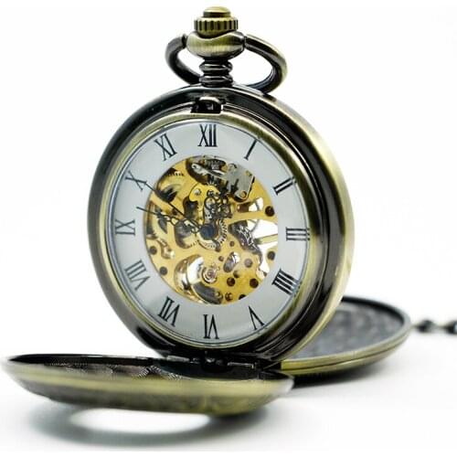 10pcs/lot Vintage Bronze Roman Number Mechanical Pocket Watch Double Open Hunter case fob watch Hand Winding Pocket Watch