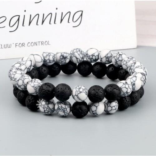 2Pcs/Set Natural Stone Elastics Rope Bracelet High Quality Couple Hematites Lave White Line Turquoises Bracelets Jewelry Gift