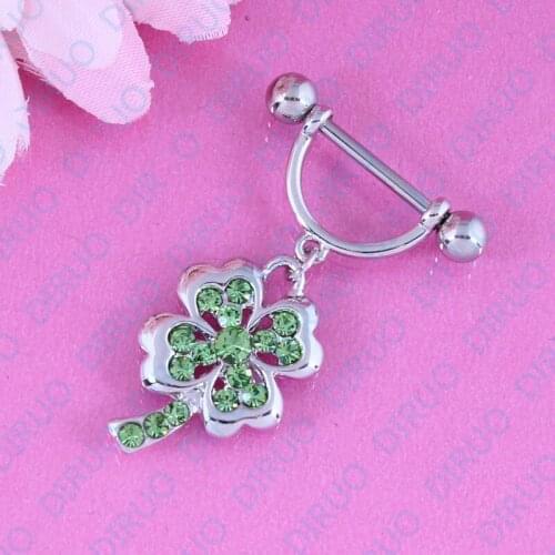 Plant Clover Green Crystal Retail 2 pieces/lot Nipple ring body piercing jewelry Nickel-free 14G 316L surgical steel