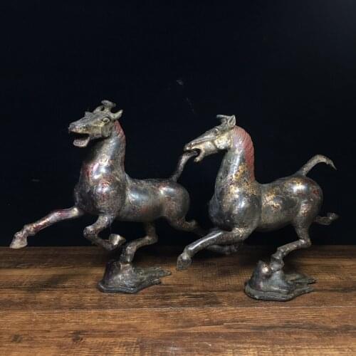 8"Tibet Buddhism Temple Old Bronze Cinnabars Chinese Zodiac Horse Statue A pair Ma Ta Feiyan Three-legged flight