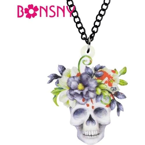 Bonsny Acrylic Halloween Flower Skull Chain Necklace Choker Pendant Collar Jewelry For Women Teens Fashion Charm Gift Decoration