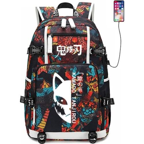Anime Kamado Tanjirou Backpack USB Port Rucksack Bag Snake Pattern Student Teenagers School Bag travel Laptop Bag