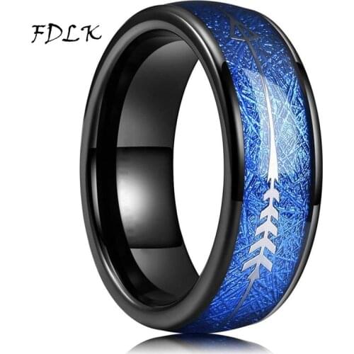 FDLK 8MM Mens Fashion Black Ring Blue Meteorite Inlaid Arrow Engagement Band Wedding Jewelry Fathers Day Valentines Day Gift