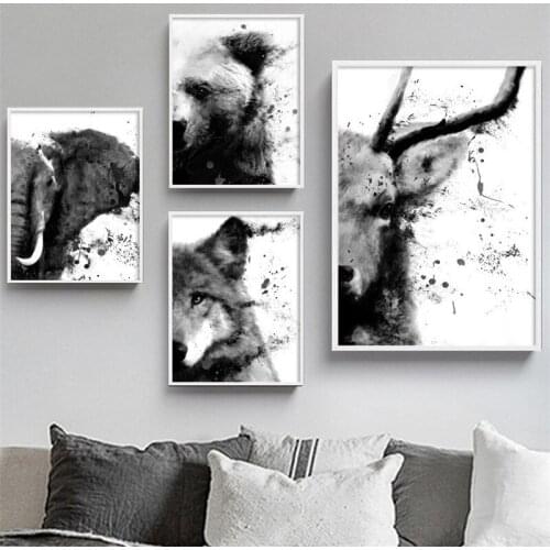 White And Black For Abstract Art Picture Poster Oil Painting Water Color Bear Elephant Deer Wolf Decor For Home Canvas Prints